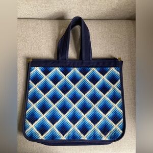Vintage navy blue and white needle point canvas tote
